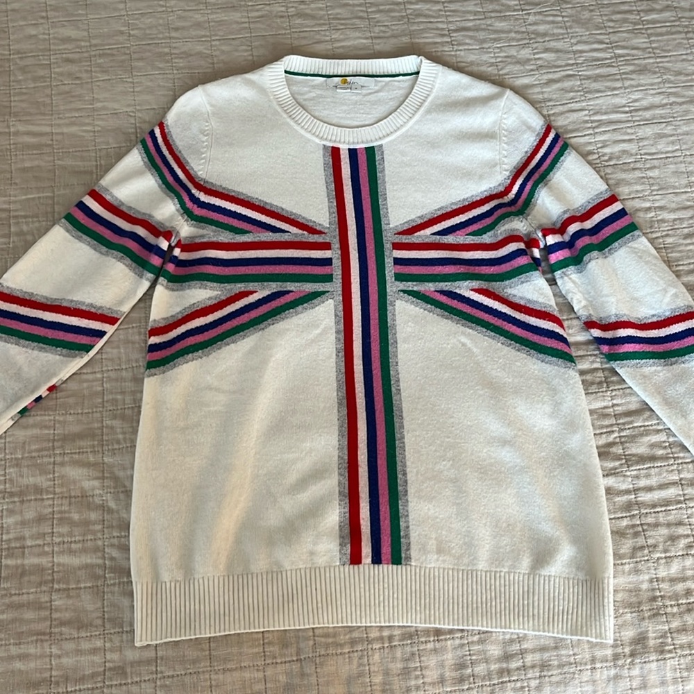 Boden Union Jack Sweater in cream with multicolor. Size medium